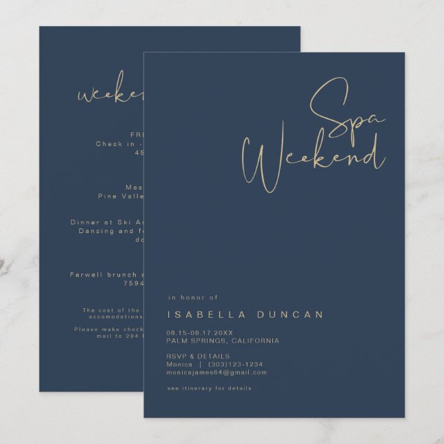 Invitación CAITLIN Navy & Gold Spa Día Bachelorette (Anverso / Reverso)