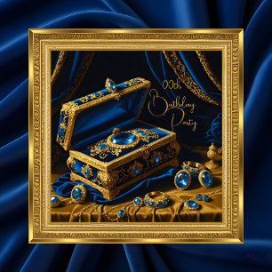 Invitación Caja de joyas azul con marco dorado de cumpleaños