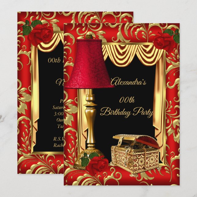 Invitación Caja de lámparas de Rosas Red Gold Drapes (Anverso / Reverso)