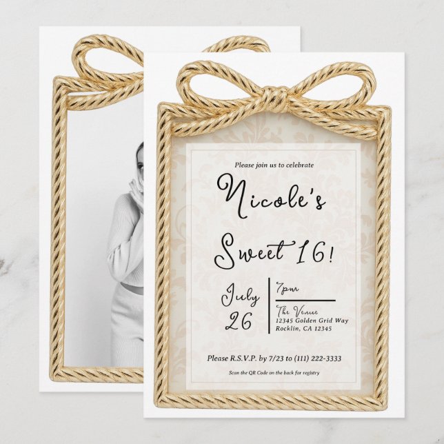 Invitación Caja de regalo presente de arco dorado Fiesta dulc (Anverso / Reverso)