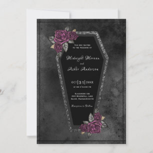 Invitación Caja Negra Gris Rosas Brillo Boda de Halloween