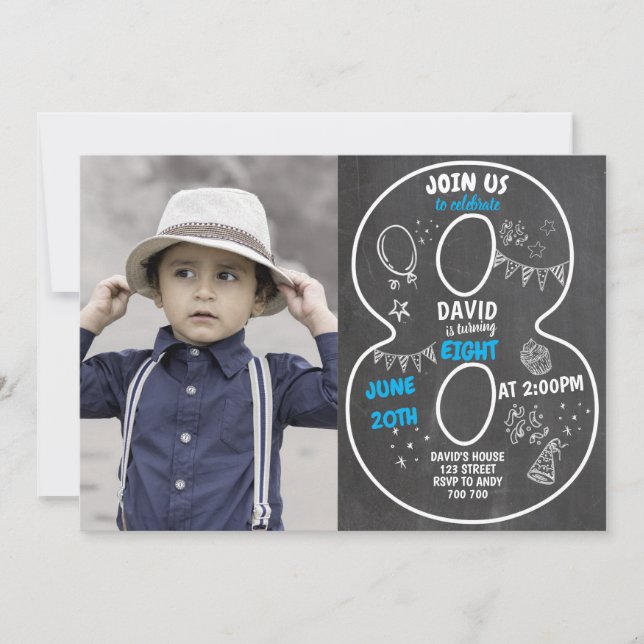 Invitación Cajón de cumpleaños 8 con número de foto azul (Anverso)
