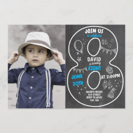 Invitación Cajón de cumpleaños 8 con número de foto azul