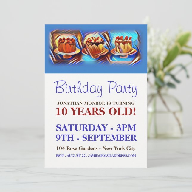 Invitación Cake Art Blue Birday Party (Anverso de pie)