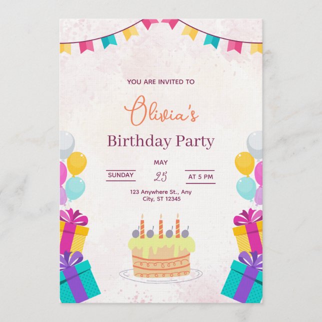 Invitación Cake & Balloons Birthday Invitation, Kids Birthday (Anverso)