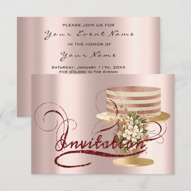 Invitación Cake Rose Glass Birthday  Bridal Shower Glitter (Anverso / Reverso)