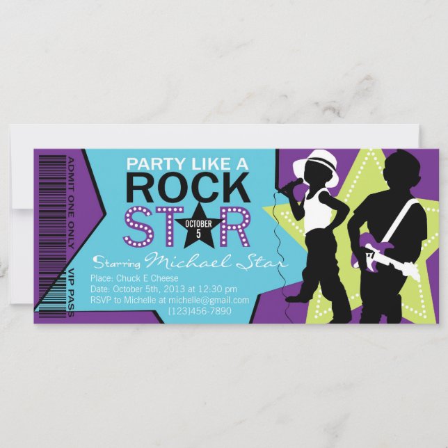 Invitación Cal morado de cumpleaños de la banda Rock Star (Anverso)