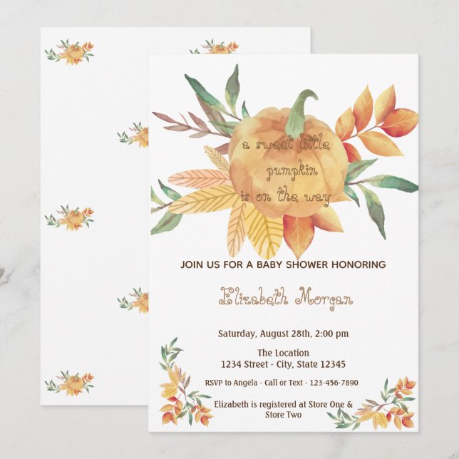 Invitación Calabacita, Baby Shower de Otoño (Anverso / Reverso)