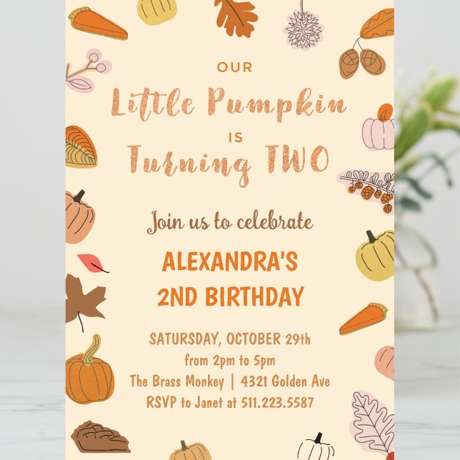 Invitación Calabacita Cumple dos Halloween Cumpleaños 2 (Halloween-2nd-Birthday-Invitation-little-pumpkin-turning-two-1)