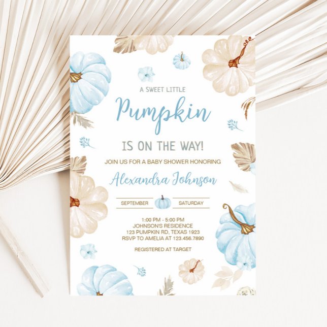 Invitación Calabacita Dulce Azul Fiesta de Bebé Otoño (Boy Sweet Little Pumpkin Fall Baby Shower Invitation)