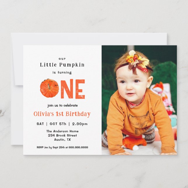 Invitación Calabaza acuarela con foto de primer cumpleaños (Anverso)