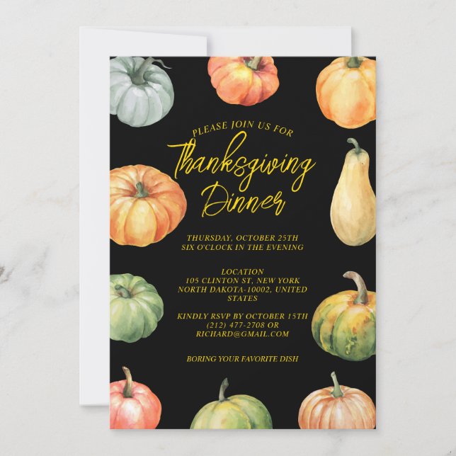 Invitación Calabaza acuarela Día de Acción de Gracias Cena Ve (Anverso)