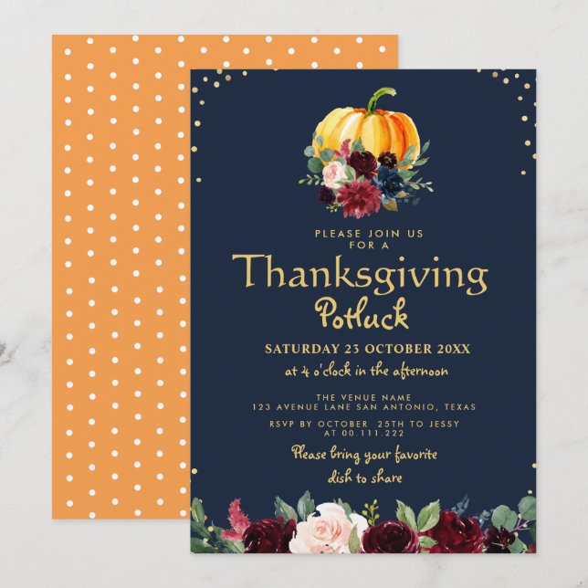 Invitación Calabaza acuarela floral agradecimiento potluck (Anverso / Reverso)