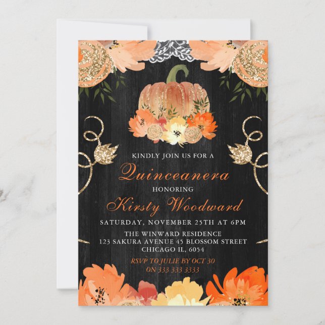 Invitación Calabaza acuática Flores otoñales Quinceanera (Anverso)