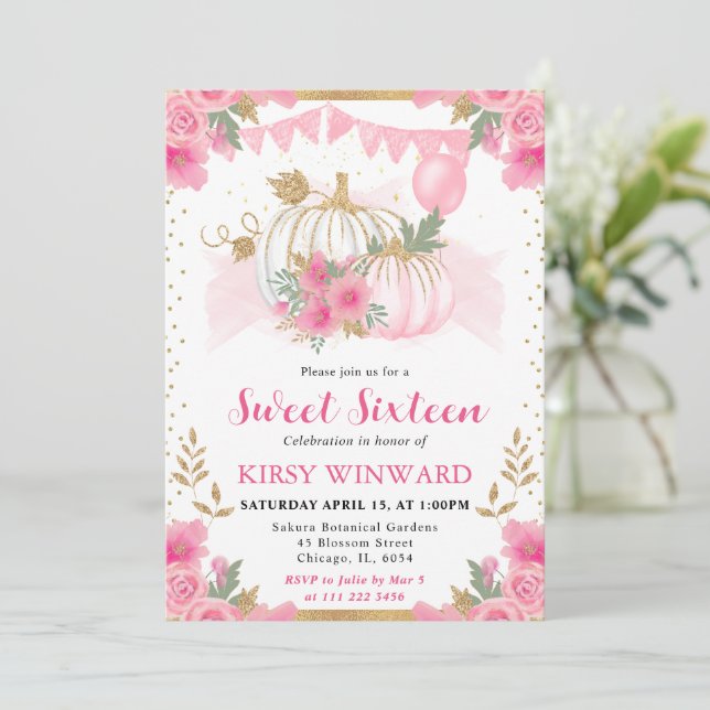 Invitación Calabaza acuática rosa Floral Fall Dulce 16 (Anverso de pie)