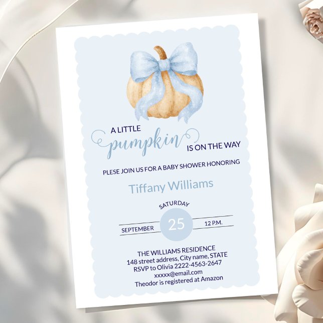 Invitación Calabaza azul bebé ducha minimalista (Little Pumpkin Baby Shower Invitation Boy | Blue Bow Fall Theme)