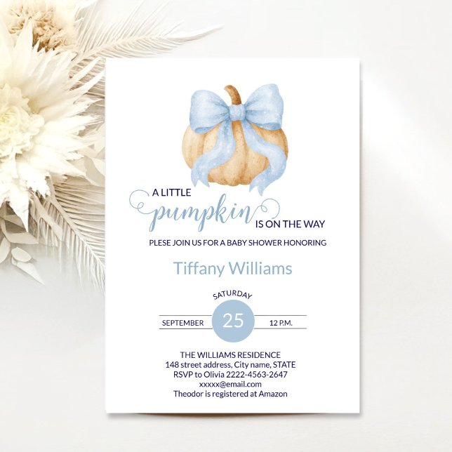 Invitación Calabaza azul bebé ducha minimalista (Minimalistic Little Pumpkin Baby Shower Invitation Boy | Blue Bow Fall Theme)