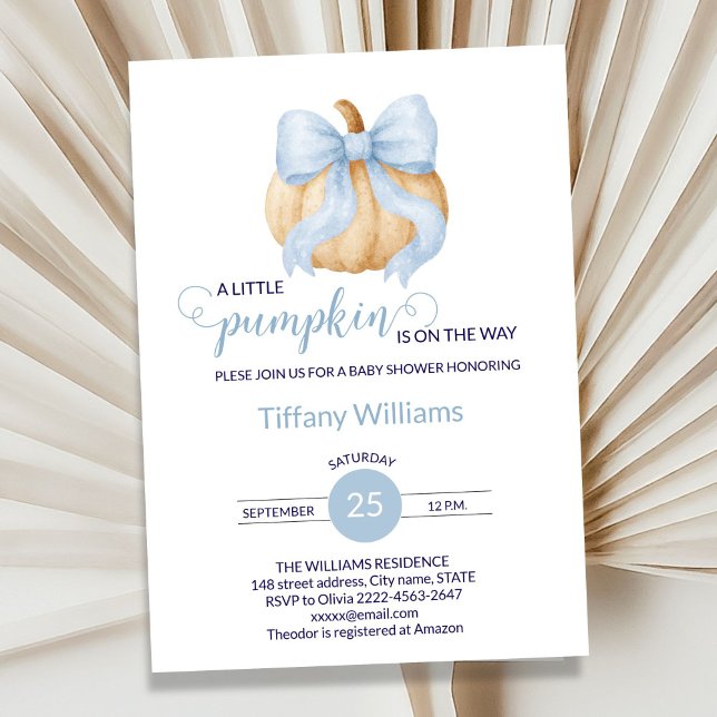Invitación Calabaza azul bebé ducha minimalista (Minimalistic Little Pumpkin Baby Shower Invitation Boy | Blue Bow Fall Theme)