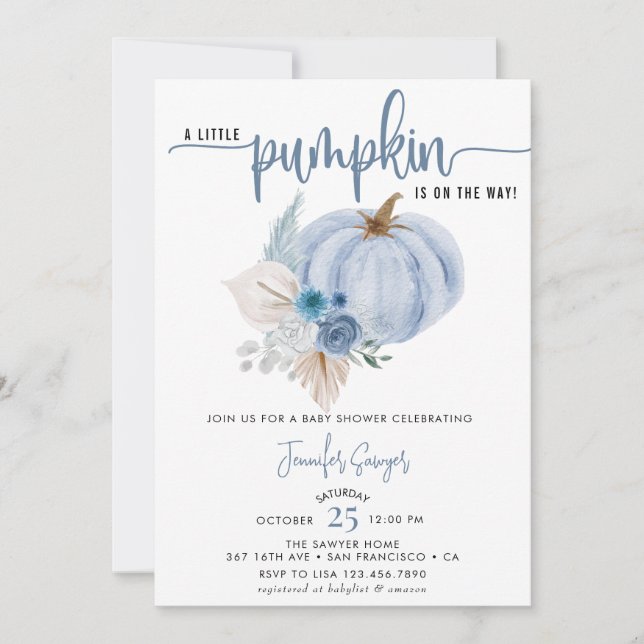 Invitación Calabaza azul | Fall Baby Shower (Anverso)