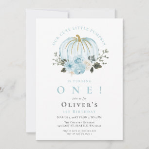 Invitación Calabaza Azul Floral Brillante Niño Cumpleaños Oto