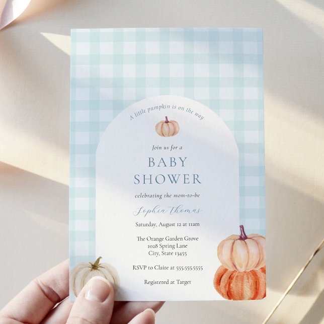 Invitación Calabaza azul Gingham Baby Boy Shower Arco (Subido por el creador)