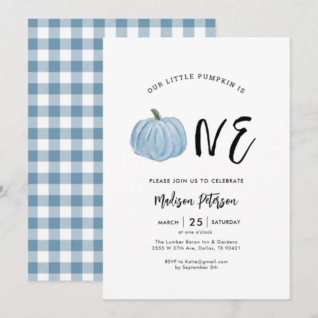 Invitación Calabaza azul otoño fiesta de cumpleaños de niño (Anverso / Reverso)