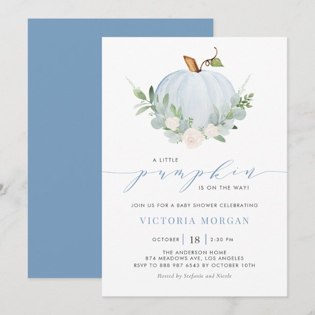 Invitación Calabaza azul pequeña es un Baby Shower de niño de (Anverso / Reverso)