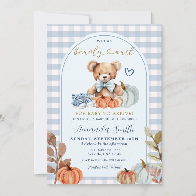 Invitación Calabaza azul Podemos salvar Baby Shower del oso d (Anverso)