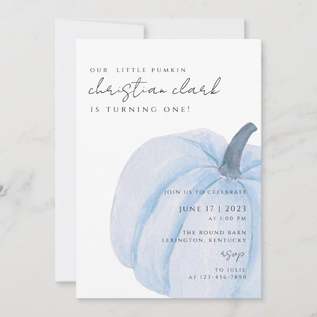 Invitación calabaza azul Primer niño cumpleaños (Anverso)