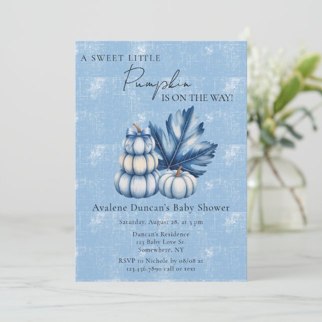 Invitación Calabaza azul y Baby Shower de niño hoja (Anverso de pie)