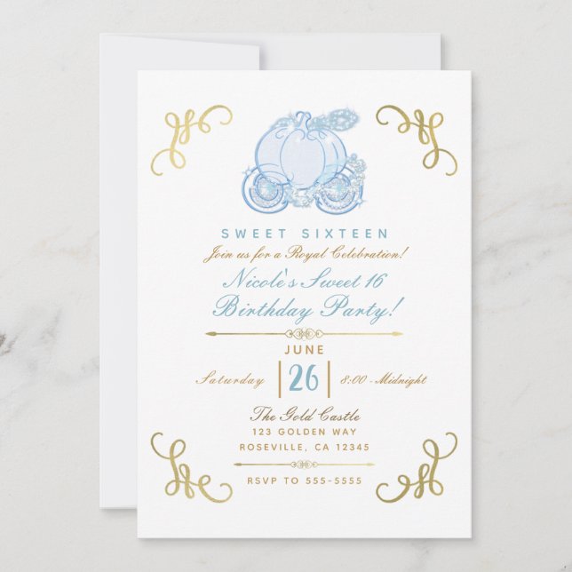 Invitación Calabaza azul y dorada Carriage Sweet 16 Fiesta (Anverso)