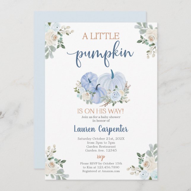 Invitación Calabaza Baby Shower Boy Fall (Anverso / Reverso)