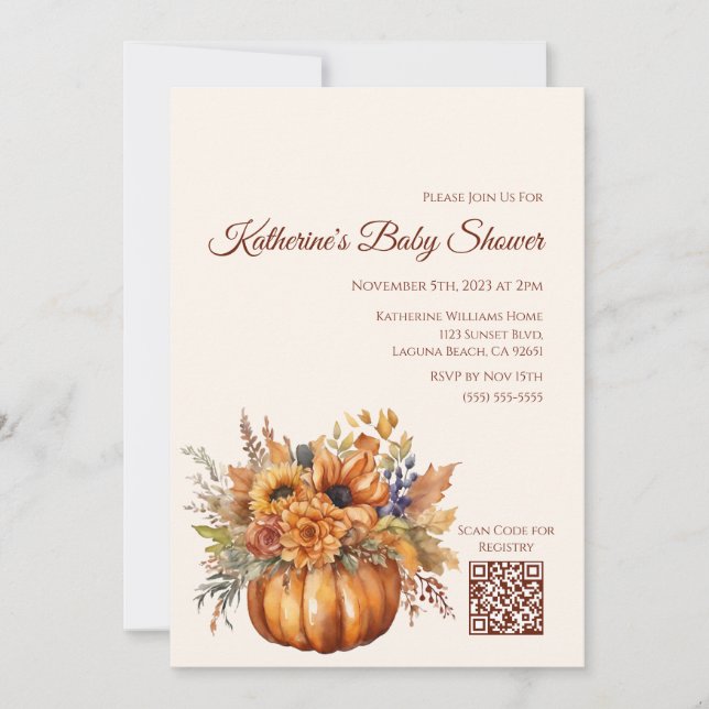 Invitación Calabaza Baby Shower con flores- (Anverso)