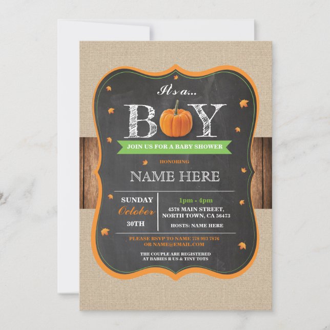 Invitación Calabaza Baby Shower es un muchacho que el fiesta (Anverso)