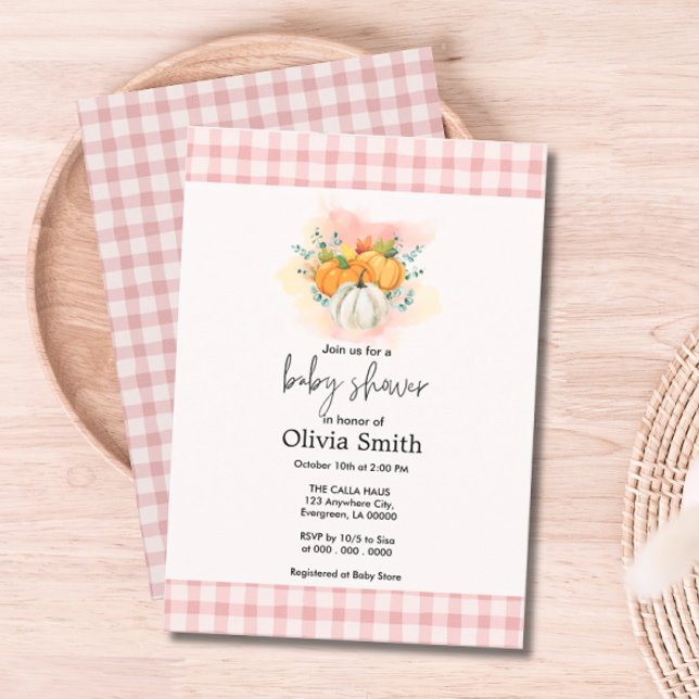 Invitación Calabaza Baby Shower rosado (Pumpkin Pink Plaid Baby Shower Invitation)