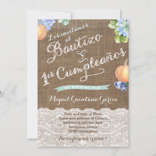 Invitación Calabaza Bautismo latino Primer Fiesta de cumpleañ (Anverso)