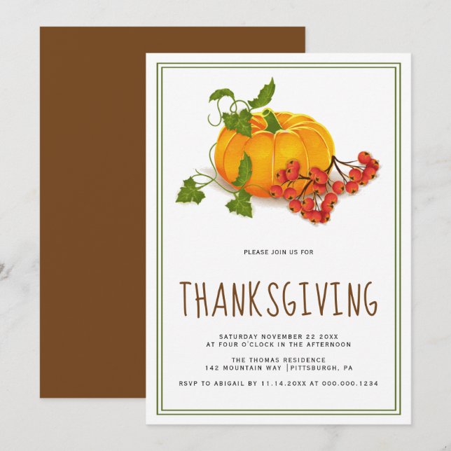 Invitación Calabaza, bayas y marco verde Día de Acción de Gra (Anverso / Reverso)
