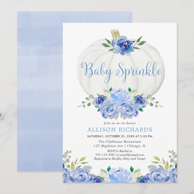 Invitación Calabaza bebé rociar niño blanco azul bebé ducha (Anverso / Reverso)