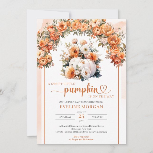 Invitación Calabaza blanca acuarela otoño arco floral otoño c (Anverso)