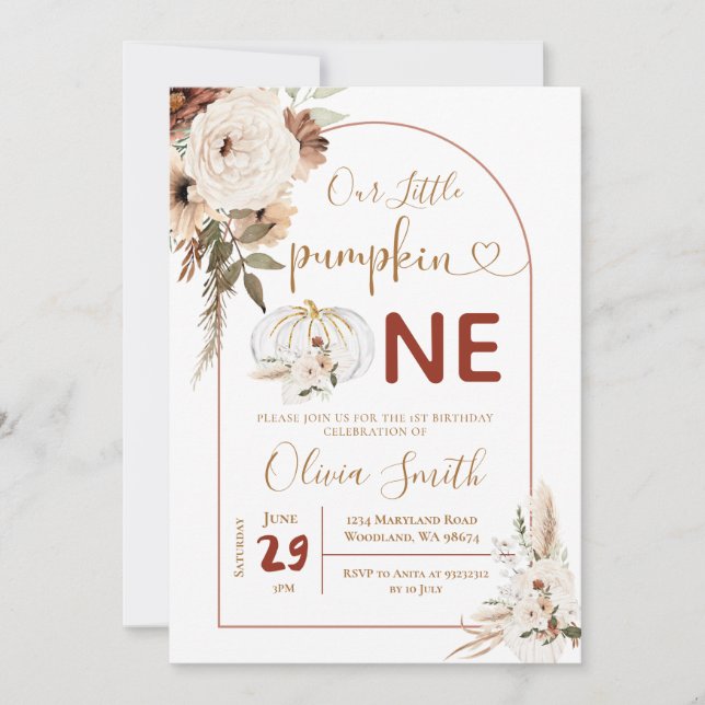 Invitación Calabaza Blanca Boho Arch 1er cumpleaños Pampas Gr (Anverso)