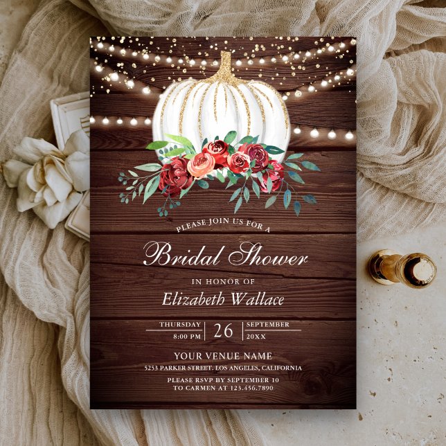 Invitación Calabaza blanca Borgoña Floral Madera Bridal Ducha (Subido por el creador)