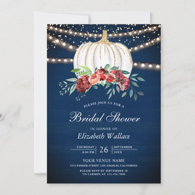 Invitación Calabaza blanca Borgoña Floral Marina Ducha de nov (Anverso)