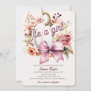 Invitación Calabaza Blanca Cinta Rosa Niña Otoño Shower de Be