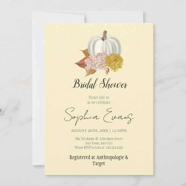 Invitación Calabaza blanca ducha de novia amarilla otoño (Anverso)