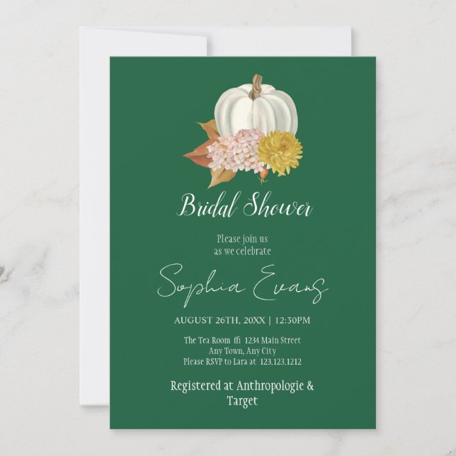 Invitación Calabaza blanca Ducha de Novias Verdes de Otoño (Anverso)
