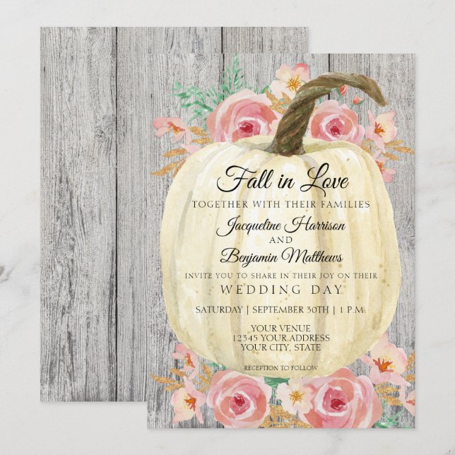 Invitación Calabaza Blanca Floral A La Acuarela Rústica En Ma (Anverso / Reverso)