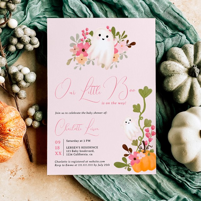 Invitación Calabaza blanca floral suave de boquilla pequeña d (Cute floral ghost pumpkin little boo baby shower invitation)