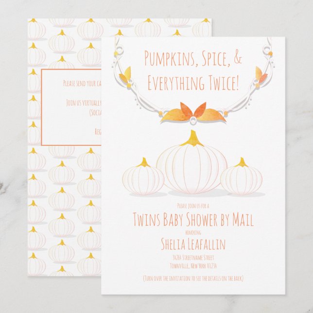 Invitación Calabaza Blanca Gemelos de Otoño Baby Shower Por C (Anverso / Reverso)
