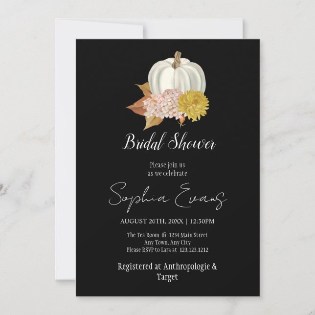 Invitación Calabaza blanca otoño ducha de novia negra (Anverso)