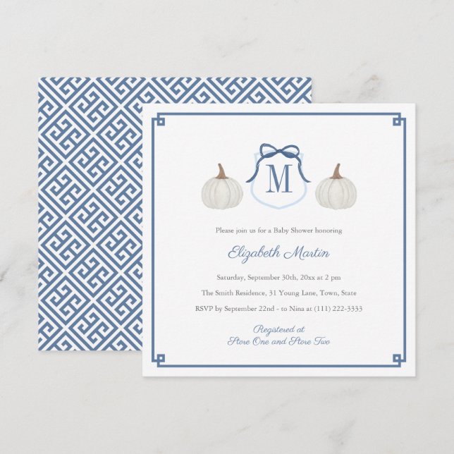Invitación Calabaza blanca Preppy Monograma Bebé Ducha (Anverso / Reverso)